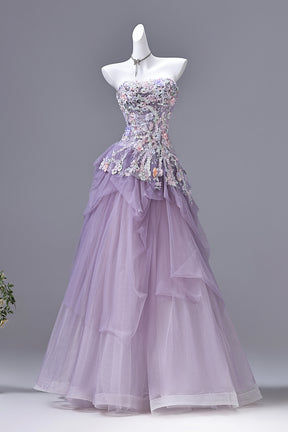 Lavender Purple Strapless Floral Beaded Prom Gown | Tulle Evening Dress with Drape