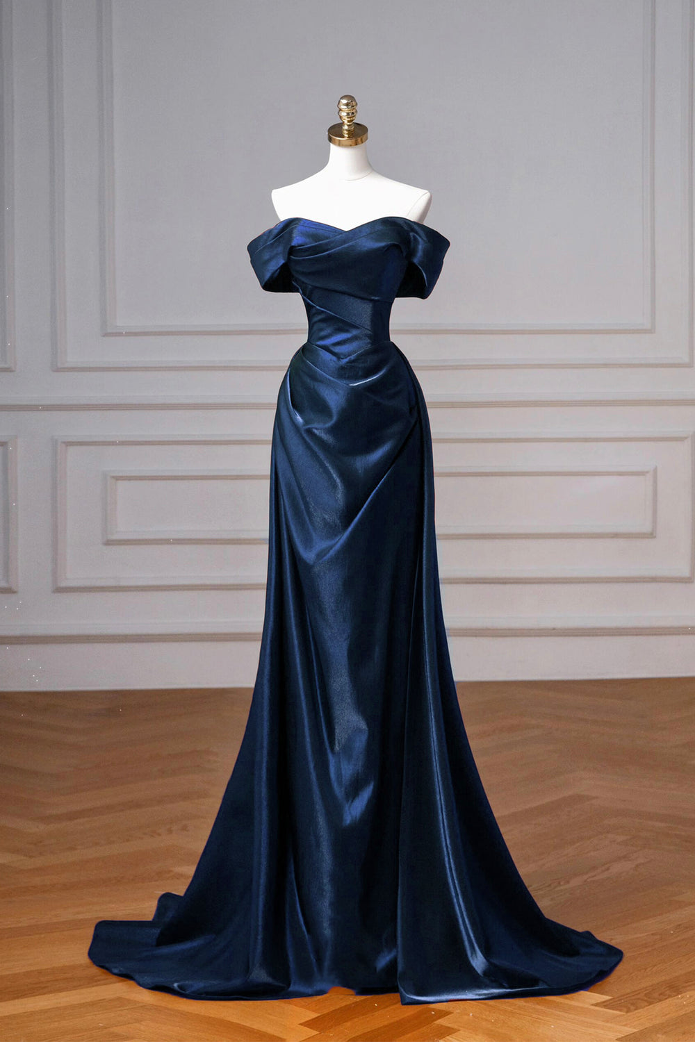 Off the Shoulder Stretch Satin Prom Dress Dark Navy