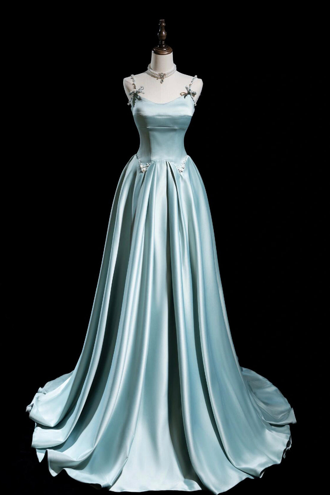 Cute Satin Long A-Line Prom Dress, Ice Blue Spaghetti Straps Evening Dress