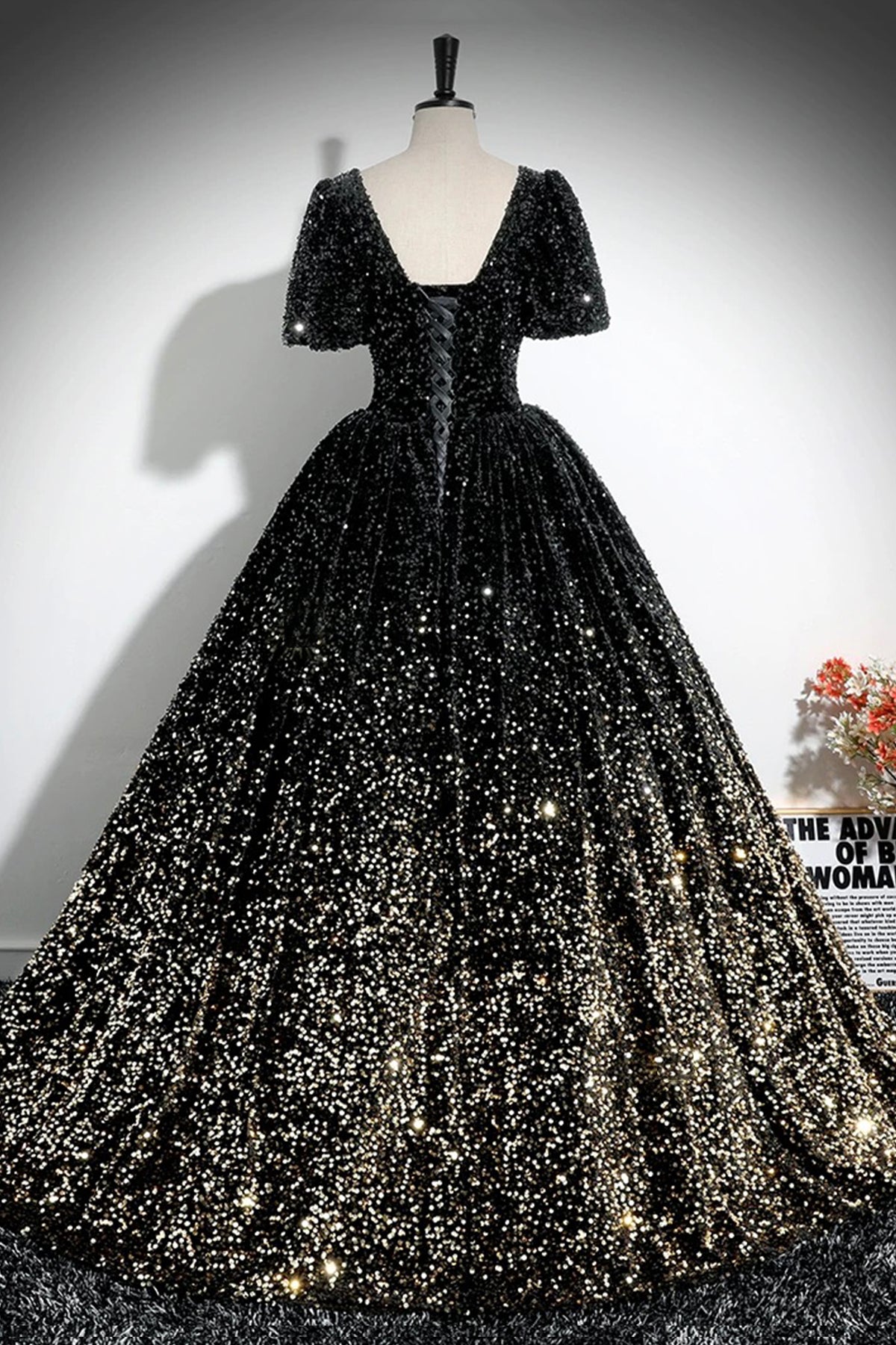 Sparkle A-Line Prom Dress, Black and Gold Ombre Sequins Evening Dress