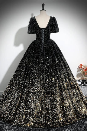 Sparkle A-Line Prom Dress, Black and Gold Ombre Sequins Evening Dress