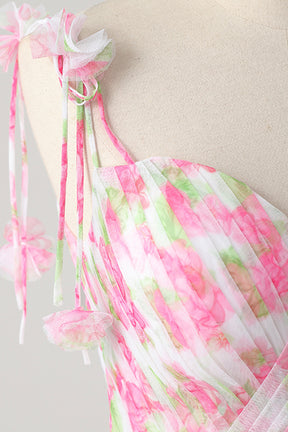 Pink Fairy Flower Patterns Long Prom Dress, Beautiful A-Line Evening Party Dress