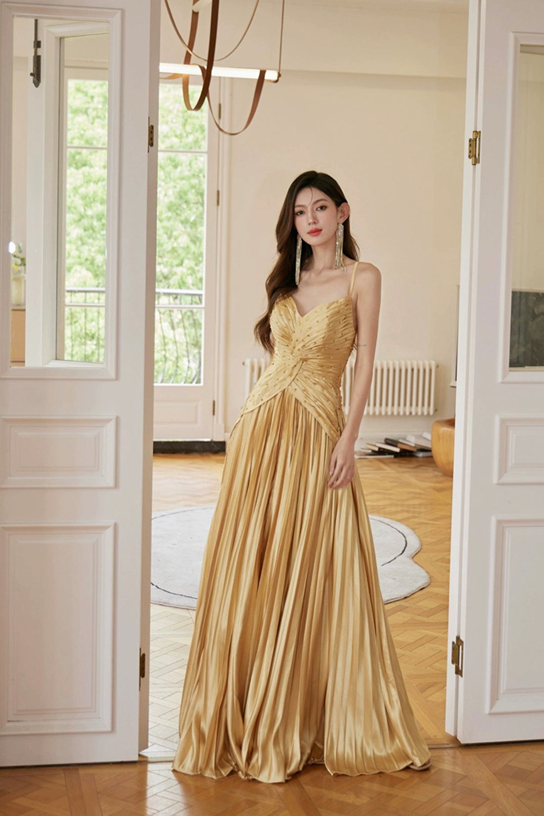 Gold Satin Long Backless Prom Dress, A-Line Spaghetti Strap Evening Party Dress