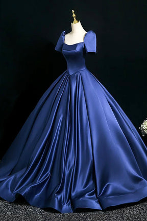 Blue Satin Floor Length Formal Dress, Elegant Off the Shoulder Evening Party Dress