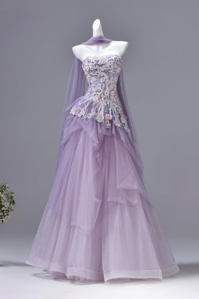 Lavender Purple Strapless Floral Beaded Prom Gown | Tulle Evening Dress with Drape