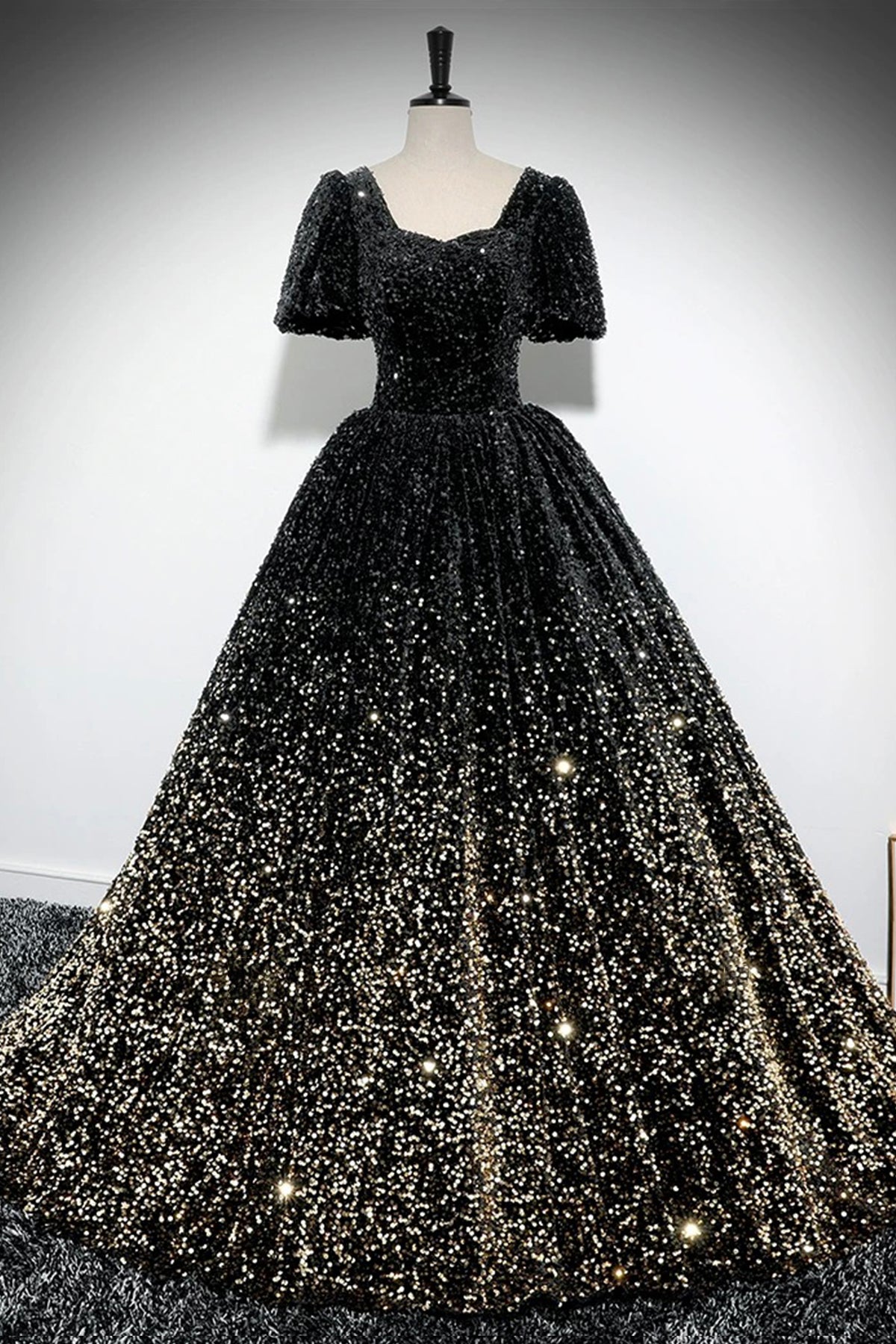 Sparkle A-Line Prom Dress, Black and Gold Ombre Sequins Evening Dress