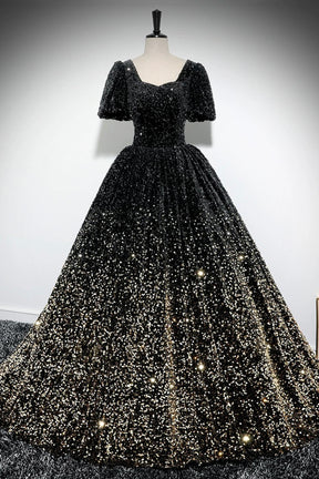 Sparkle A-Line Prom Dress, Black and Gold Ombre Sequins Evening Dress