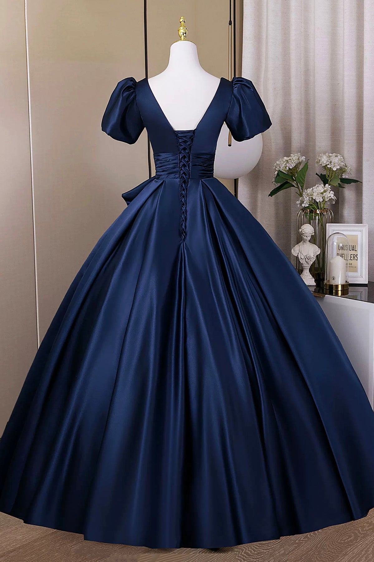 A-Line Satin Long Prom Dress, Navy Short Sleeve Evening Party Dress