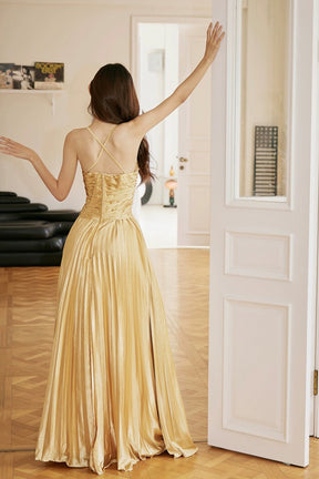 Gold Satin Long Backless Prom Dress, A-Line Spaghetti Strap Evening Pa Gold Satin Long Backless Prom Dress, A-Line Spaghetti Strap Evening Pa