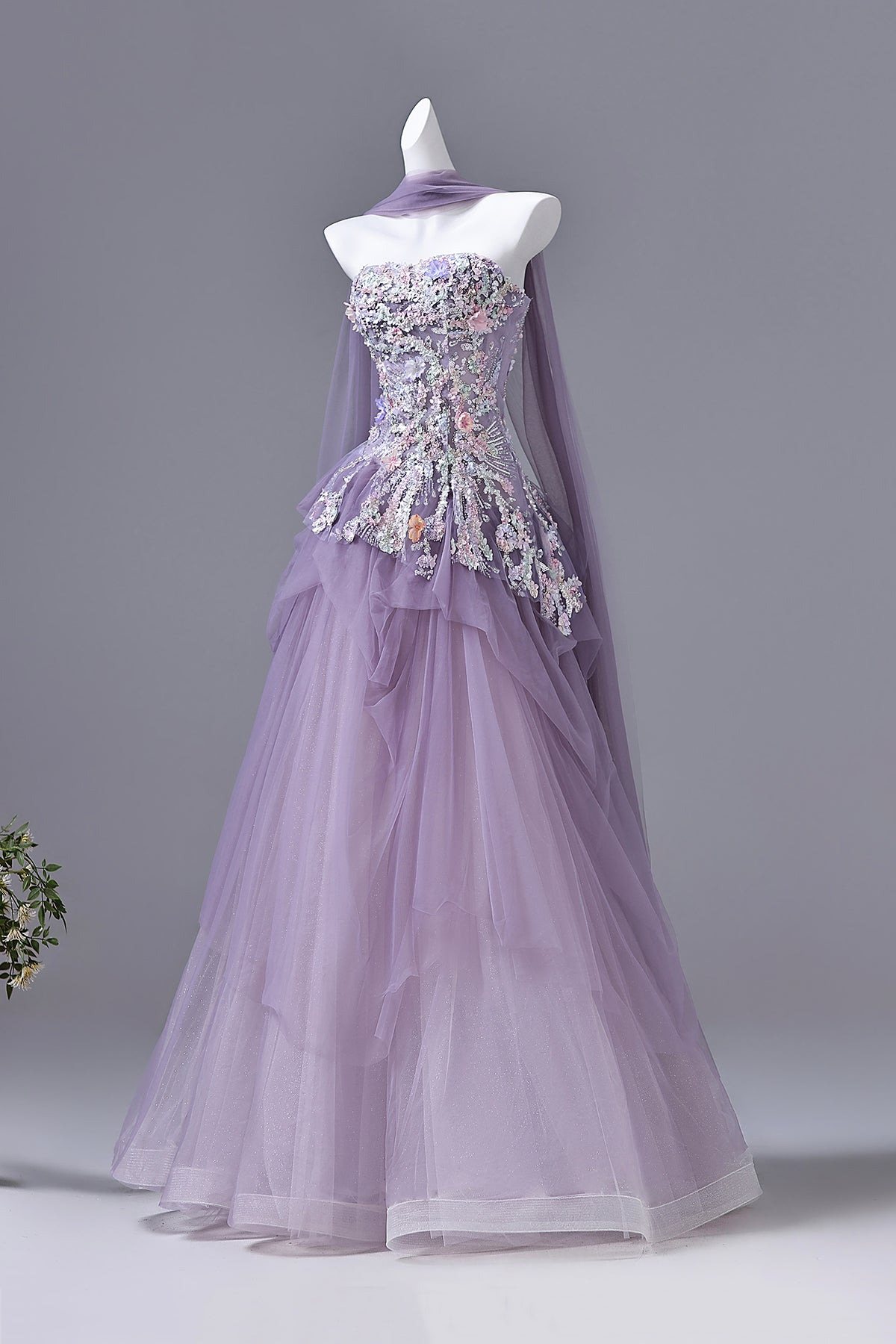 Lavender Purple Strapless Floral Beaded Prom Gown | Tulle Evening Dress with Drape