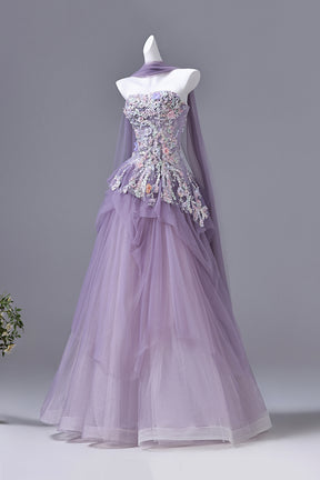 Lavender Purple Strapless Floral Beaded Prom Gown | Tulle Evening Dress with Drape