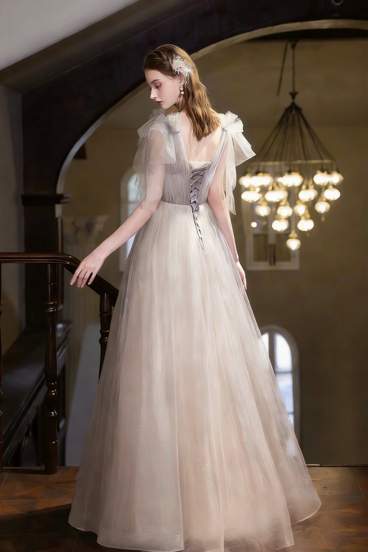 Sparkly Tulle Ball Gown Grey Champagne V-Neck Formal Dress with Ruffle Sleeves