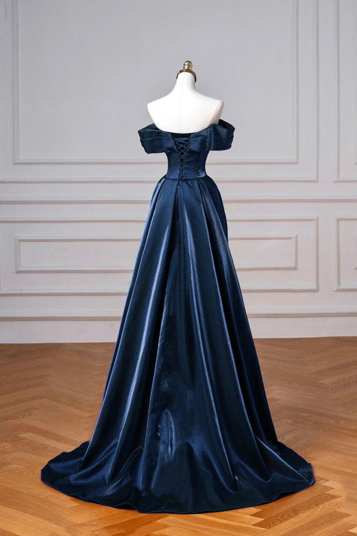 A Line Off the Shoulder Navy Long Ball Dress with Appliques