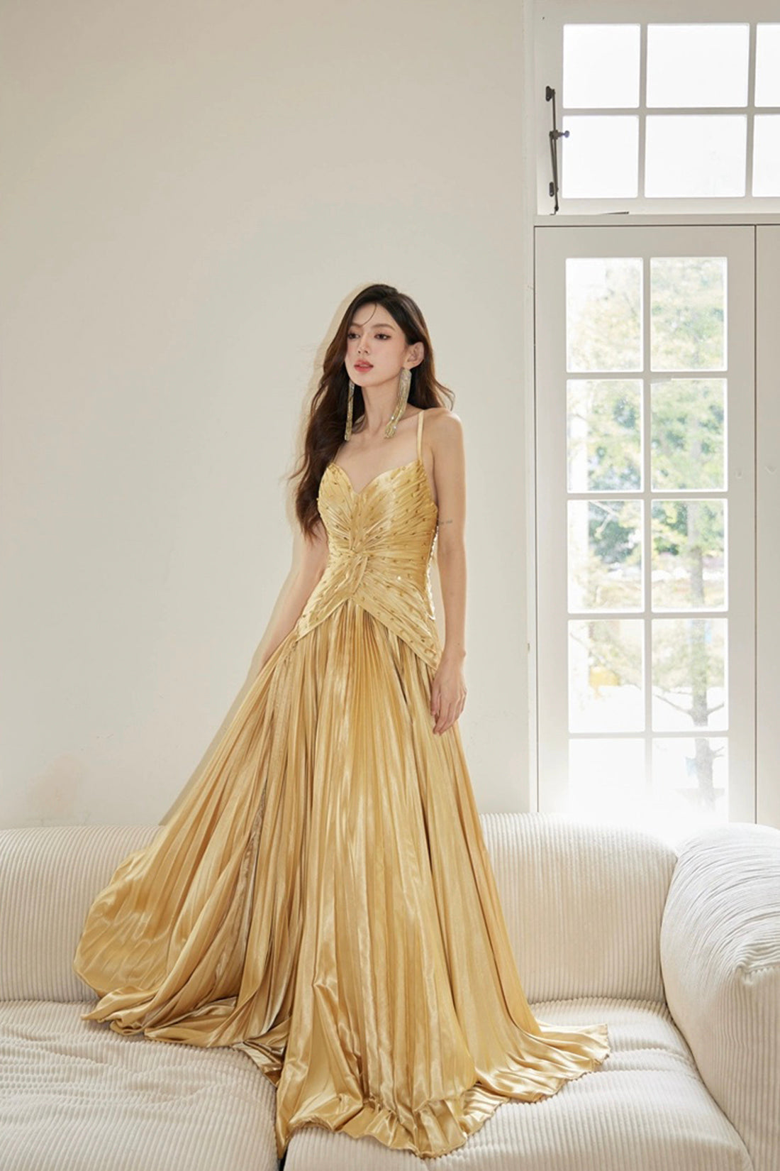 satin gold prom dress Gold Satin Long Backless Prom Dress, A-Line Spaghetti Strap Evening Pa