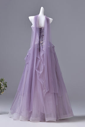 Lavender Purple Strapless Floral Beaded Prom Gown | Tulle Evening Dress with Drape