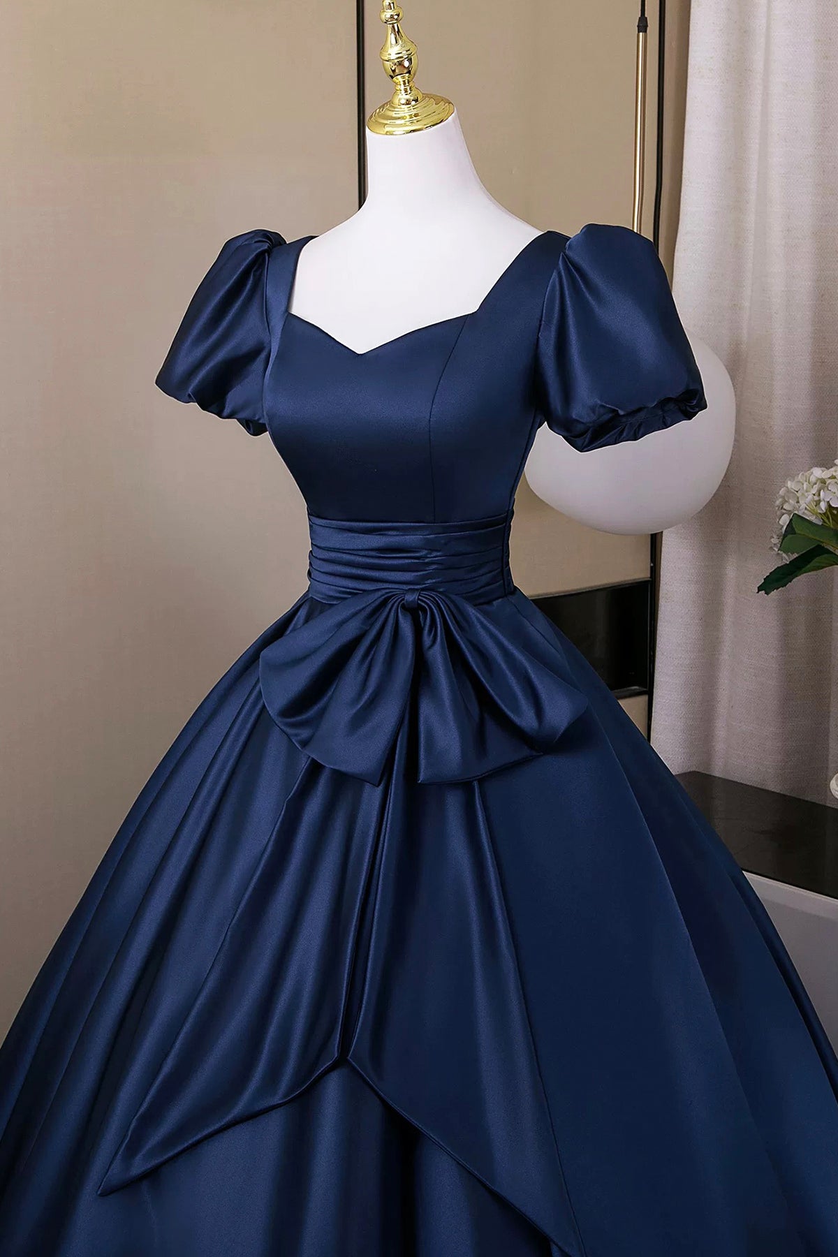 A-Line Satin Long Prom Dress, Navy Short Sleeve Evening Party Dress A-Line Satin Long Prom Dress, Navy Short Sleeve Evening Party Dress