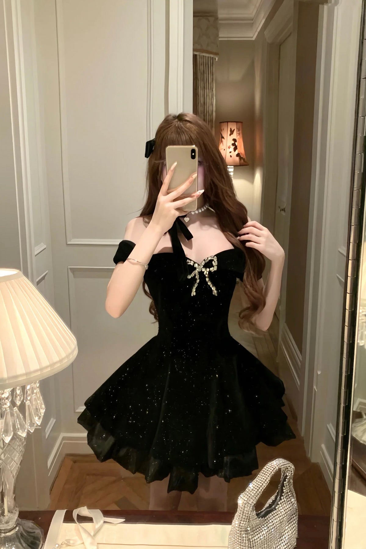 Black Velvet Short Prom Dress with Bow, Black A-Line Mini Party Dress Black Velvet Short Prom Dress with Bow, Black A-Line Mini Party Dress