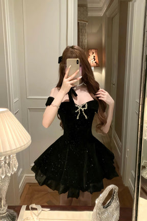 Black Velvet Short Prom Dress with Bow, Black A-Line Mini Party Dress