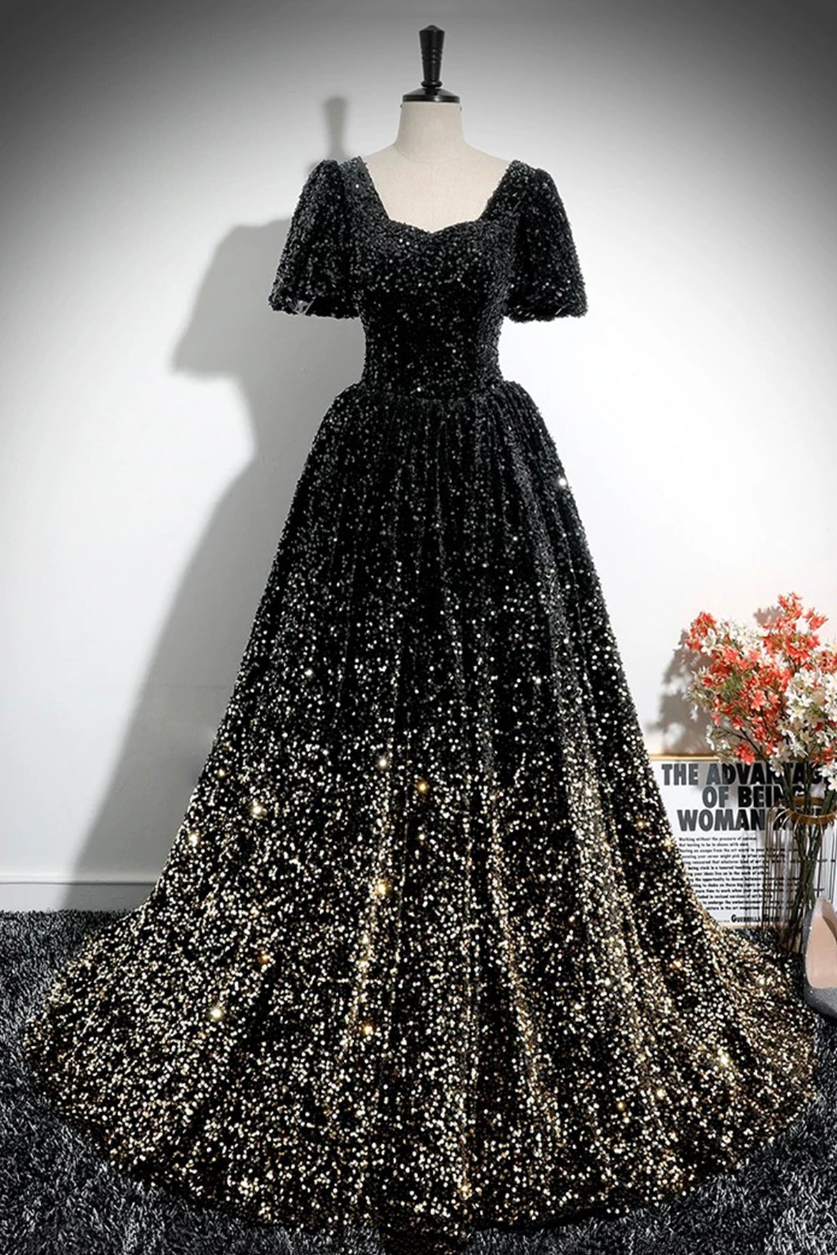 Sparkle A-Line Prom Dress, Black and Gold Ombre Sequins Evening Dress
