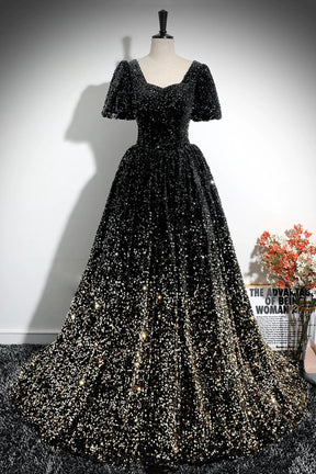 Sparkle A-Line Prom Dress, Black and Gold Ombre Sequins Evening Dress
