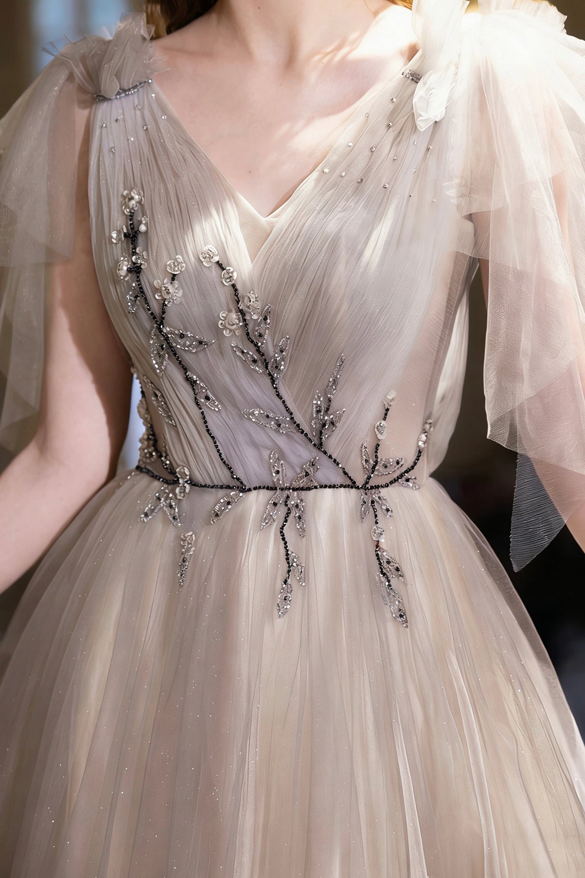 Sparkly Tulle Ball Gown Grey Champagne V-Neck Formal Dress with Ruffle Sleeves