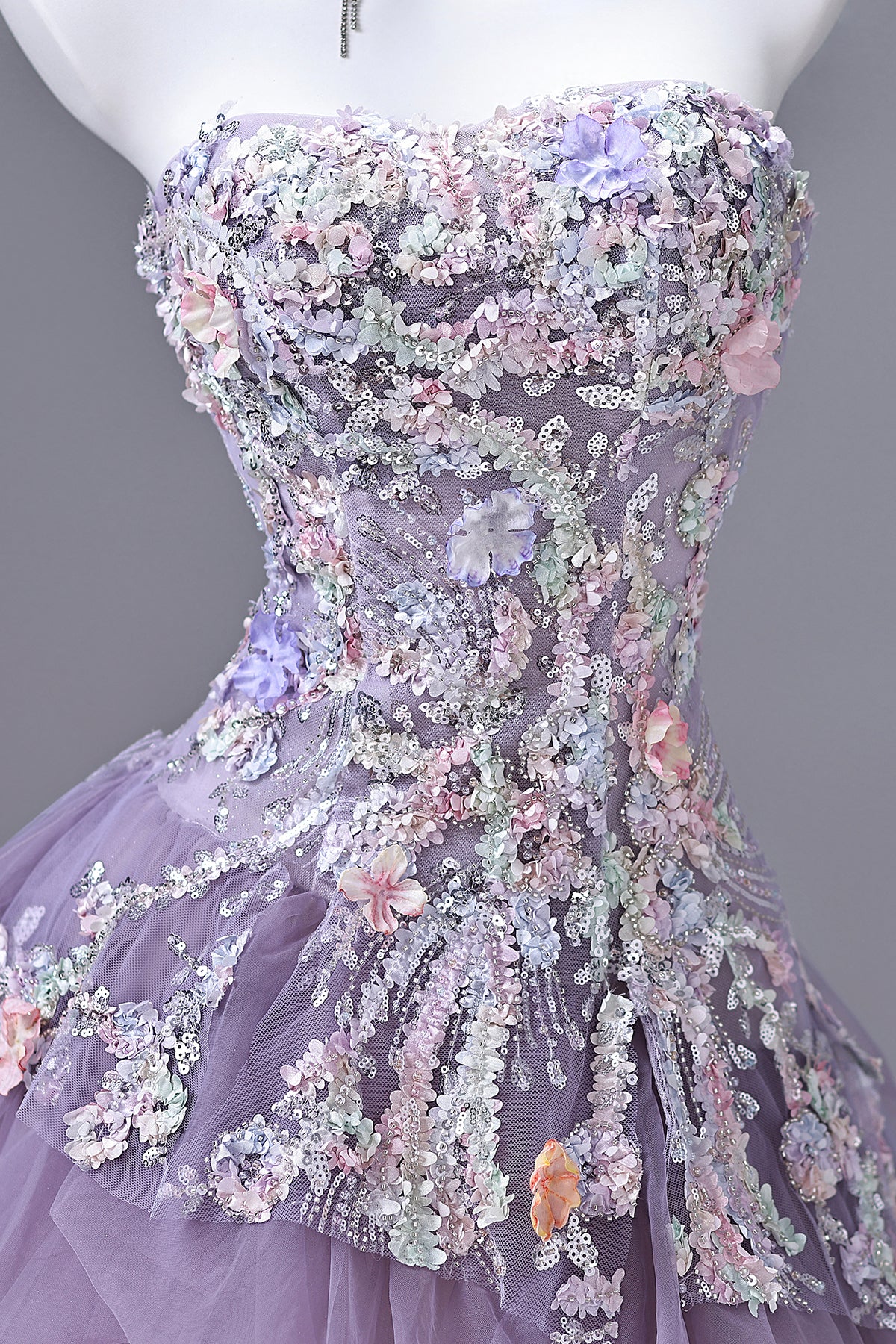 Lavender Purple Strapless Floral Beaded Prom Gown | Tulle Evening Dress with Drape