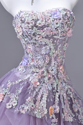 Lavender Purple Strapless Floral Beaded Prom Gown | Tulle Evening Dress with Drape