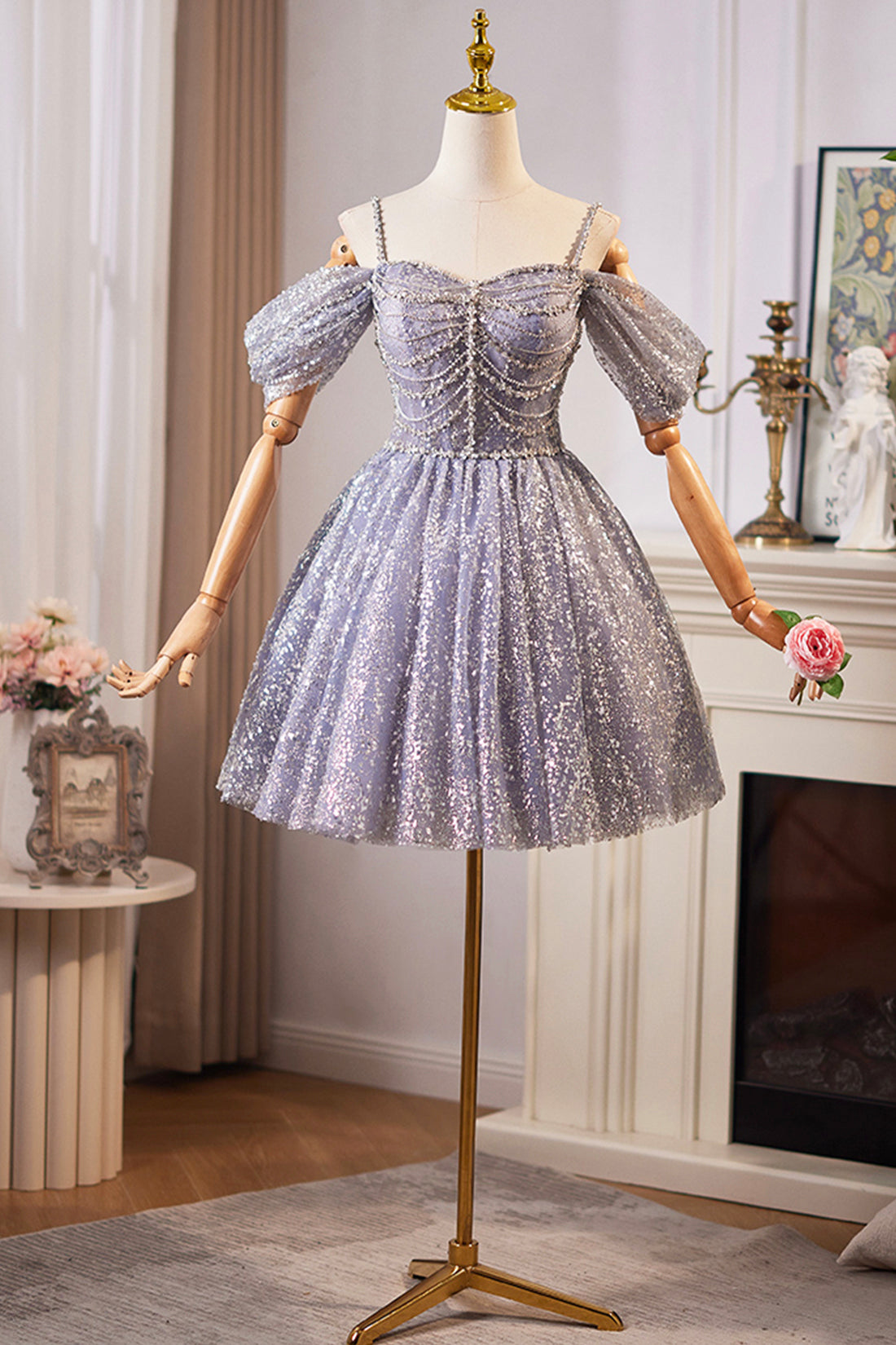 Lovely A-Line Tulle Sequins Knee Length Prom Dress, Off the Shoulder E Lovely A-Line Tulle Sequins Knee Length Prom Dress, Off the Shoulder E