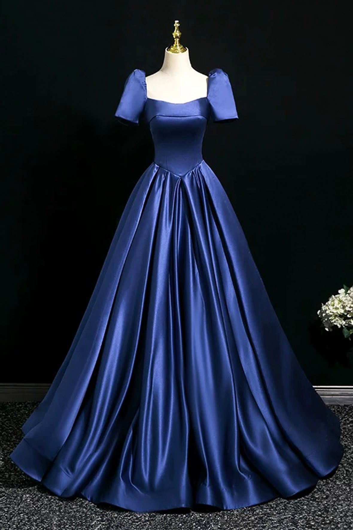 Blue Satin Floor Length Formal Dress, Elegant Off the Shoulder Evening Party Dress