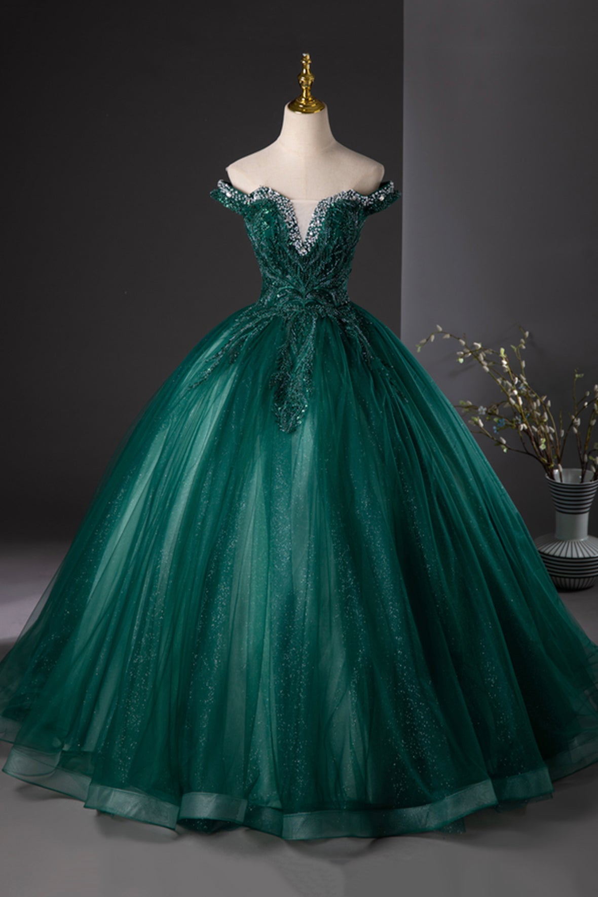 Green Tulle Beads Long Prom Dress, Elegant Off Shoulder Party Formal D Green Tulle Beads Long Prom Dress, Elegant Off Shoulder Party Formal D