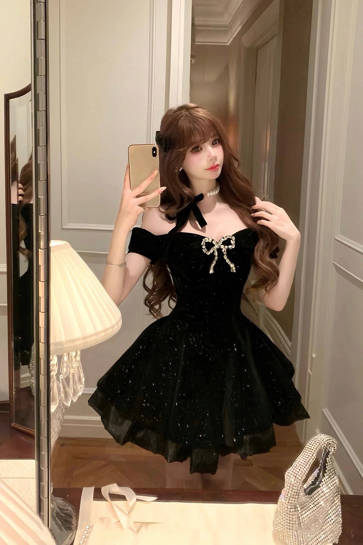 Black Velvet Short Prom Dress with Bow, Black A-Line Mini Party Dress