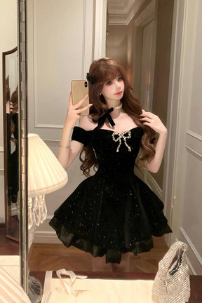 Black Velvet Short Prom Dress with Bow, Black A-Line Mini Party Dress