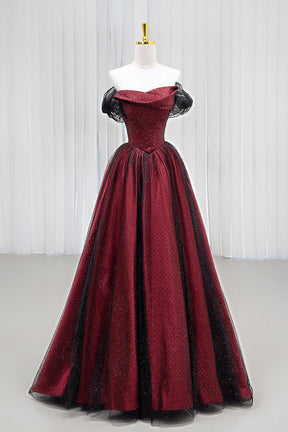 Black Tulle and Burgundy Satin Long Prom Dress, Charming A-Line Party Black Tulle and Burgundy Satin Long Prom Dress, Charming A-Line Party