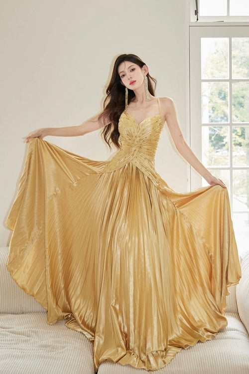 Gold - Strapless A Line Satin Ruffled Long Formal Prom Dresses With Beading