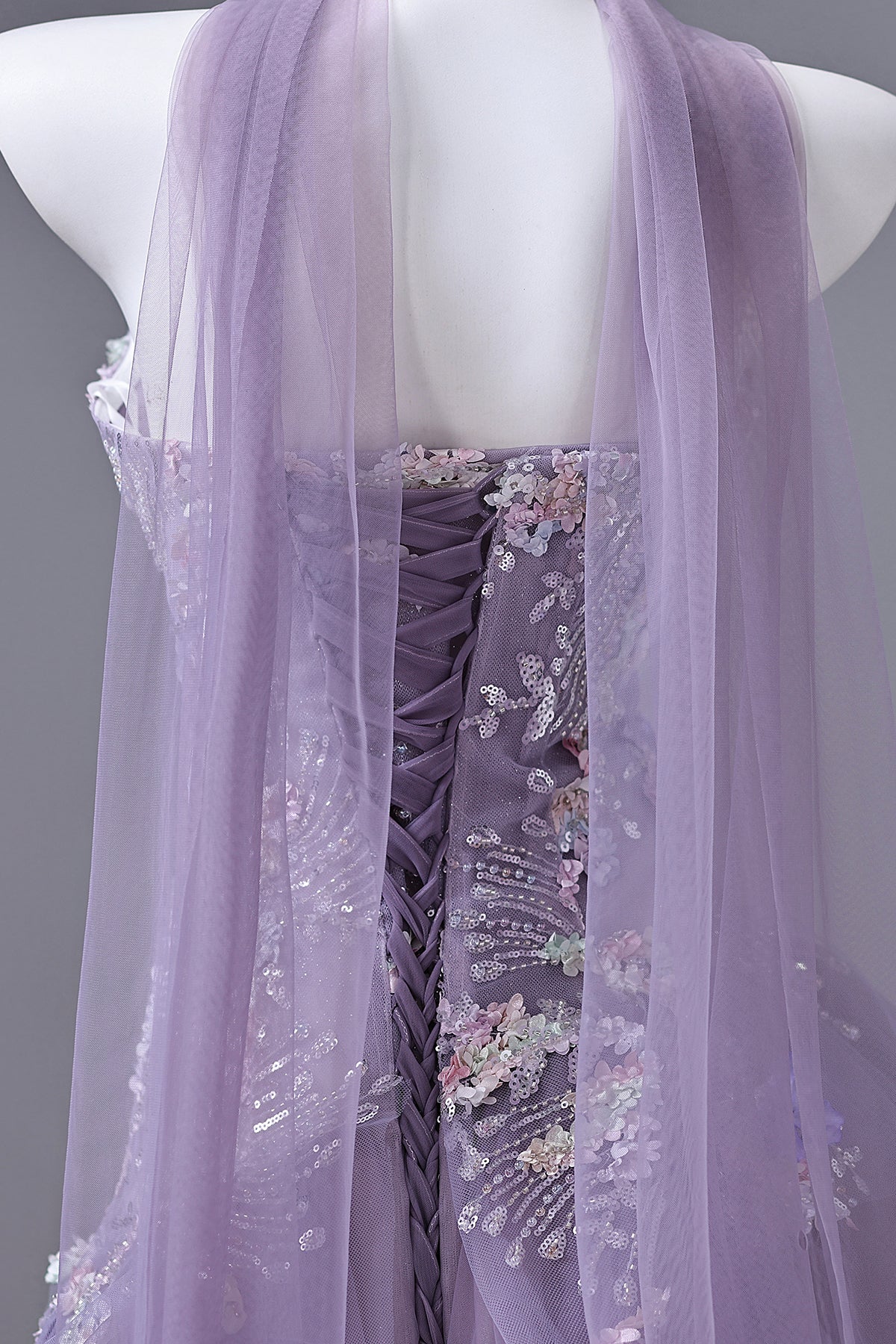 Lavender Purple Strapless Floral Beaded Prom Gown | Tulle Evening Dress with Drape
