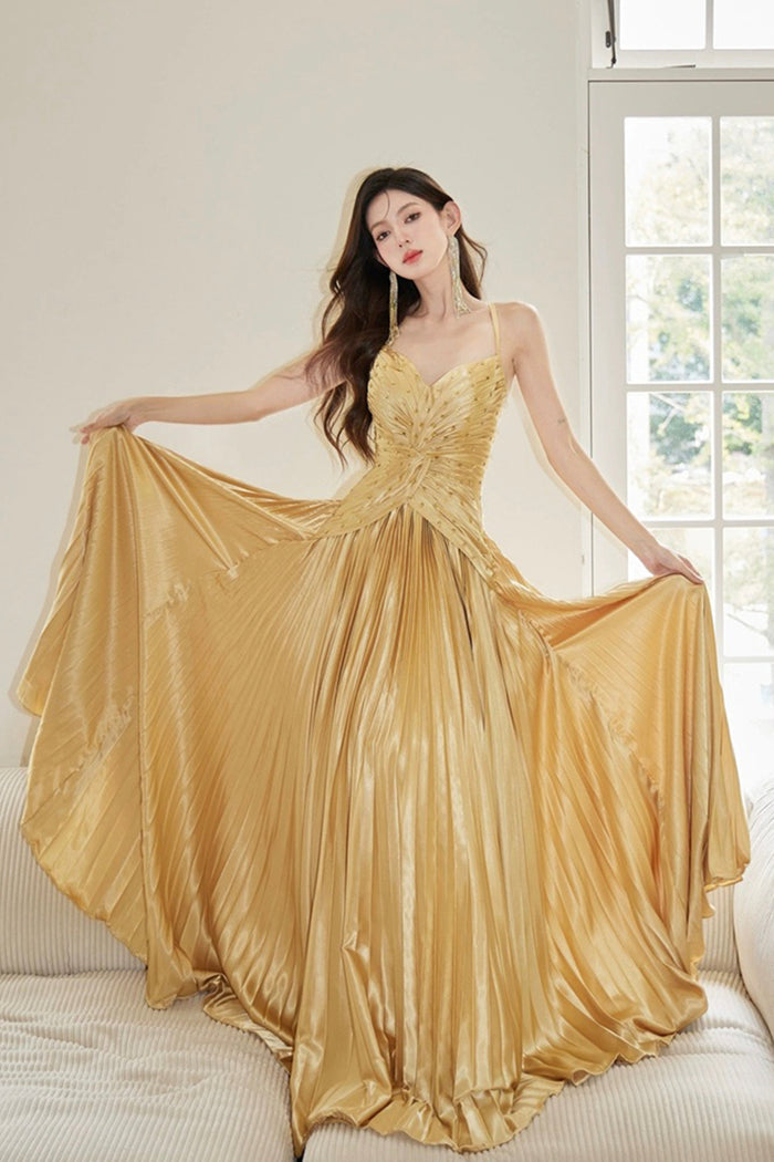 Gold Satin Long Backless Prom Dress, A-Line Spaghetti Strap Evening Pa