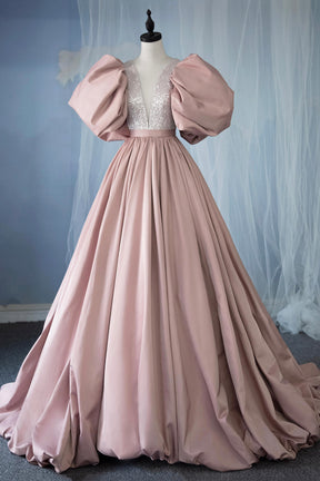 Pink V-Neck Sequins Satin Long Prom Dress, A-Line Puffy Sleeve Evening Party Dress