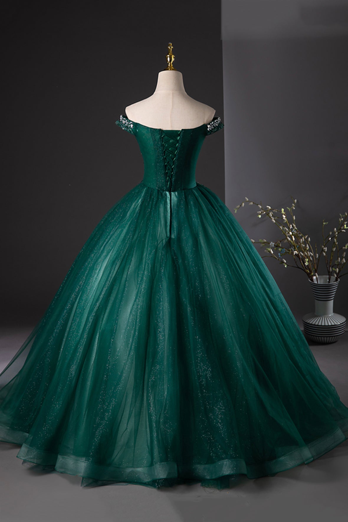 Green Tulle Beads Long Prom Dress, Elegant Off Shoulder Party Formal D Green Tulle Beads Long Prom Dress, Elegant Off Shoulder Party Formal D
