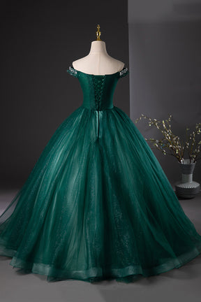 Green Tulle Beads Long Prom Dress, Elegant Off Shoulder Party Formal D Green Tulle Beads Long Prom Dress, Elegant Off Shoulder Party Formal D