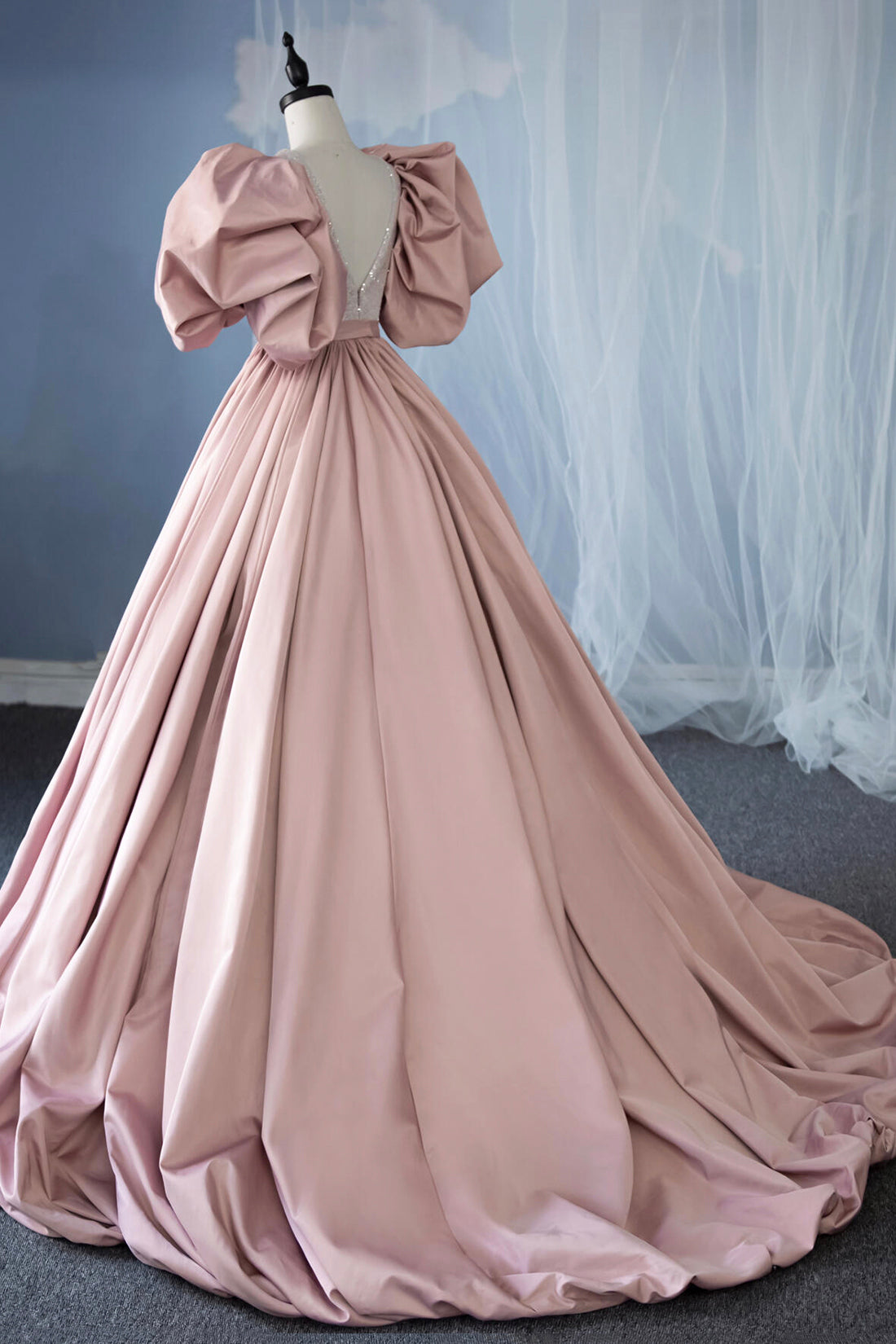 Pink V-Neck Sequins Satin Long Prom Dress, A-Line Puffy Sleeve Evening Party Dress