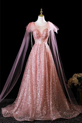 Pink Tulle Sequins Long Prom Dress, Shiny A-Line Evening Formal Dress