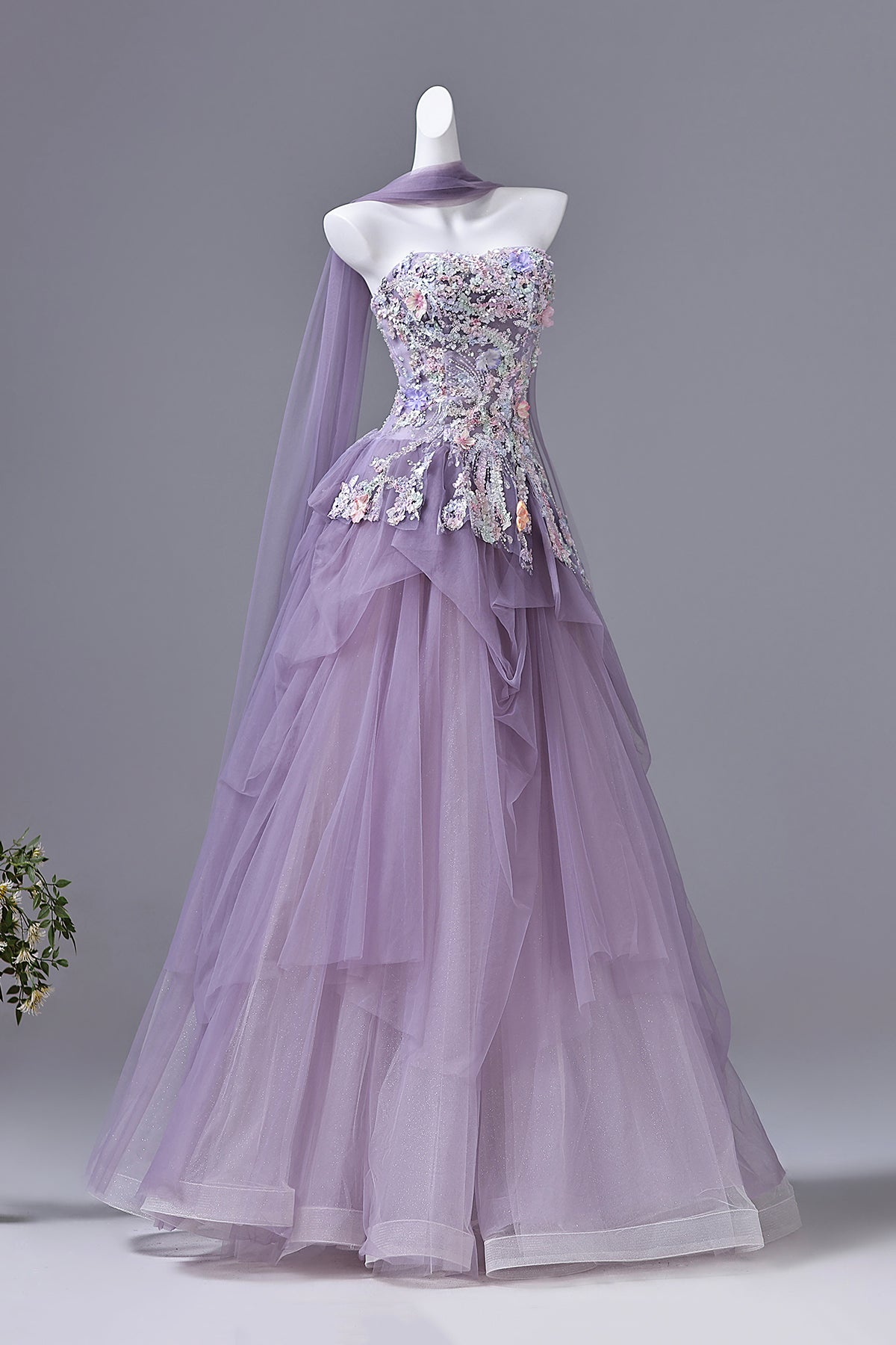 Lavender Purple Strapless Floral Beaded Prom Gown | Tulle Evening Dress with Drape