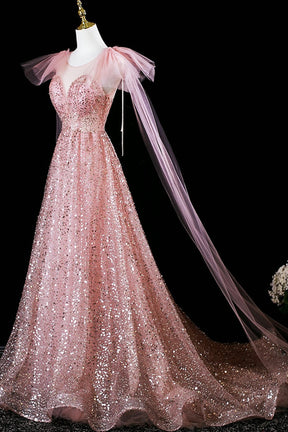 Pink Tulle Sequins Long Prom Dress, Shiny A-Line Evening Formal Dress
