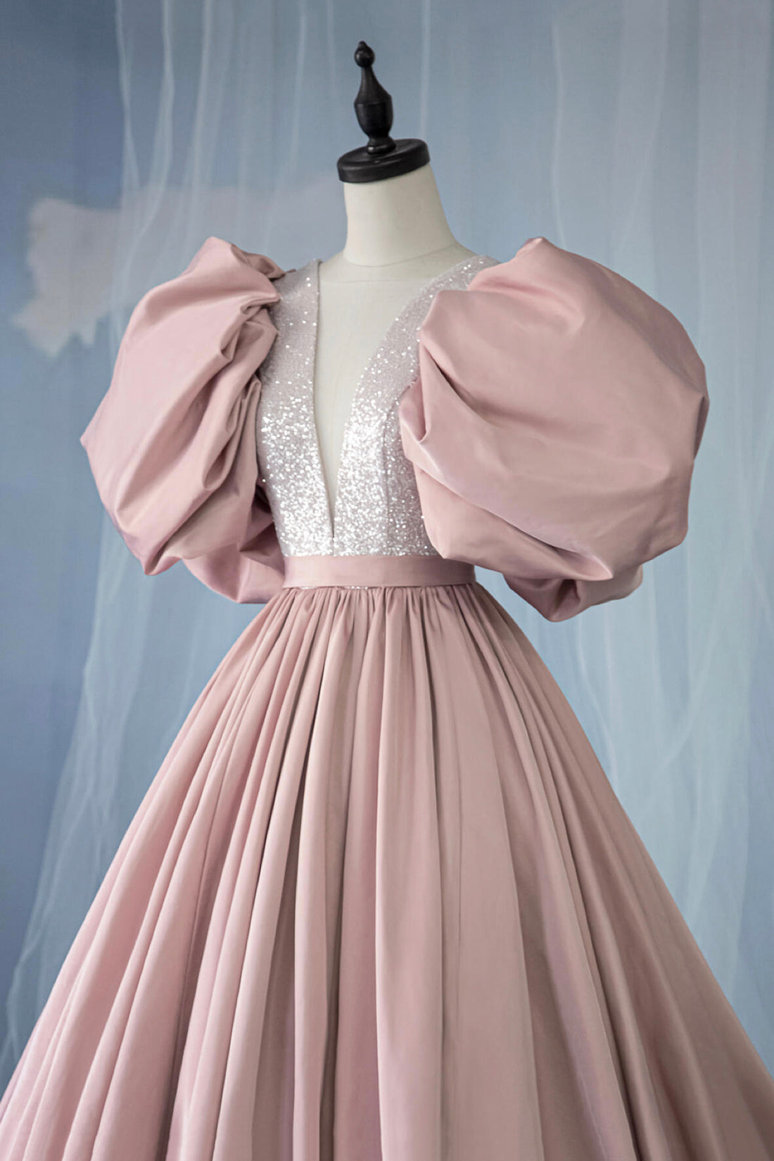 Pink V-Neck Sequins Satin Long Prom Dress, A-Line Puffy Sleeve Evening Party Dress