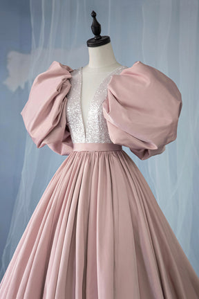 Pink V-Neck Sequins Satin Long Prom Dress, A-Line Puffy Sleeve Evening Party Dress