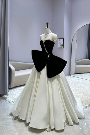 Black Velvet and White Long Prom Dress, A-Line Sweetheart Neck Party Dress