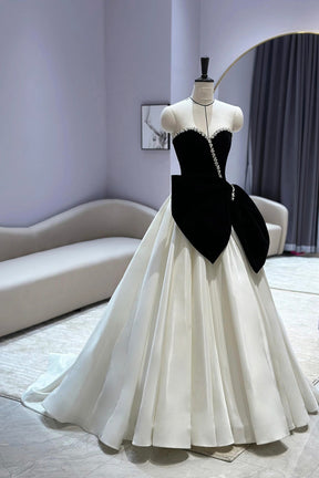 Black Velvet and White Long Prom Dress, A-Line Sweetheart Neck Party Dress