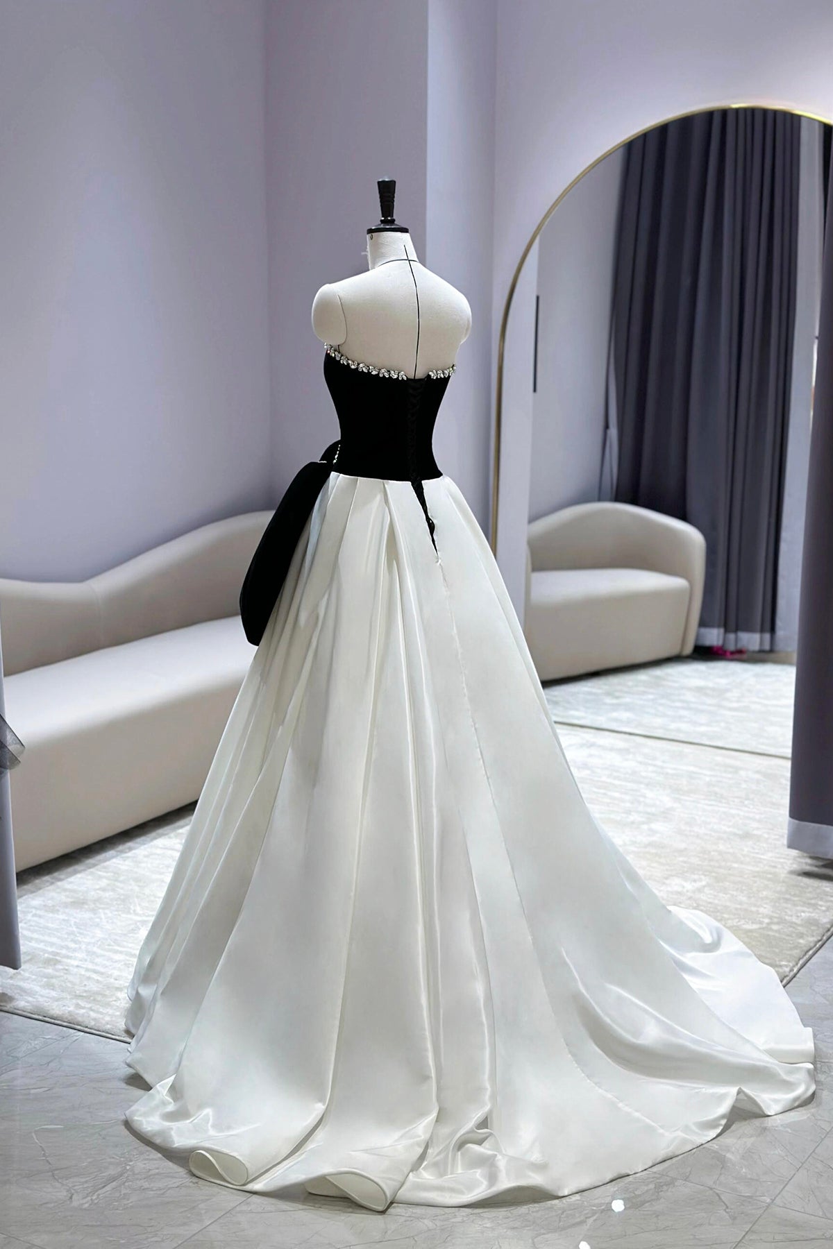 Black Velvet and White Long Prom Dress, A-Line Sweetheart Neck Party Dress