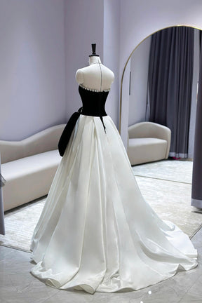 Black Velvet and White Long Prom Dress, A-Line Sweetheart Neck Party Dress