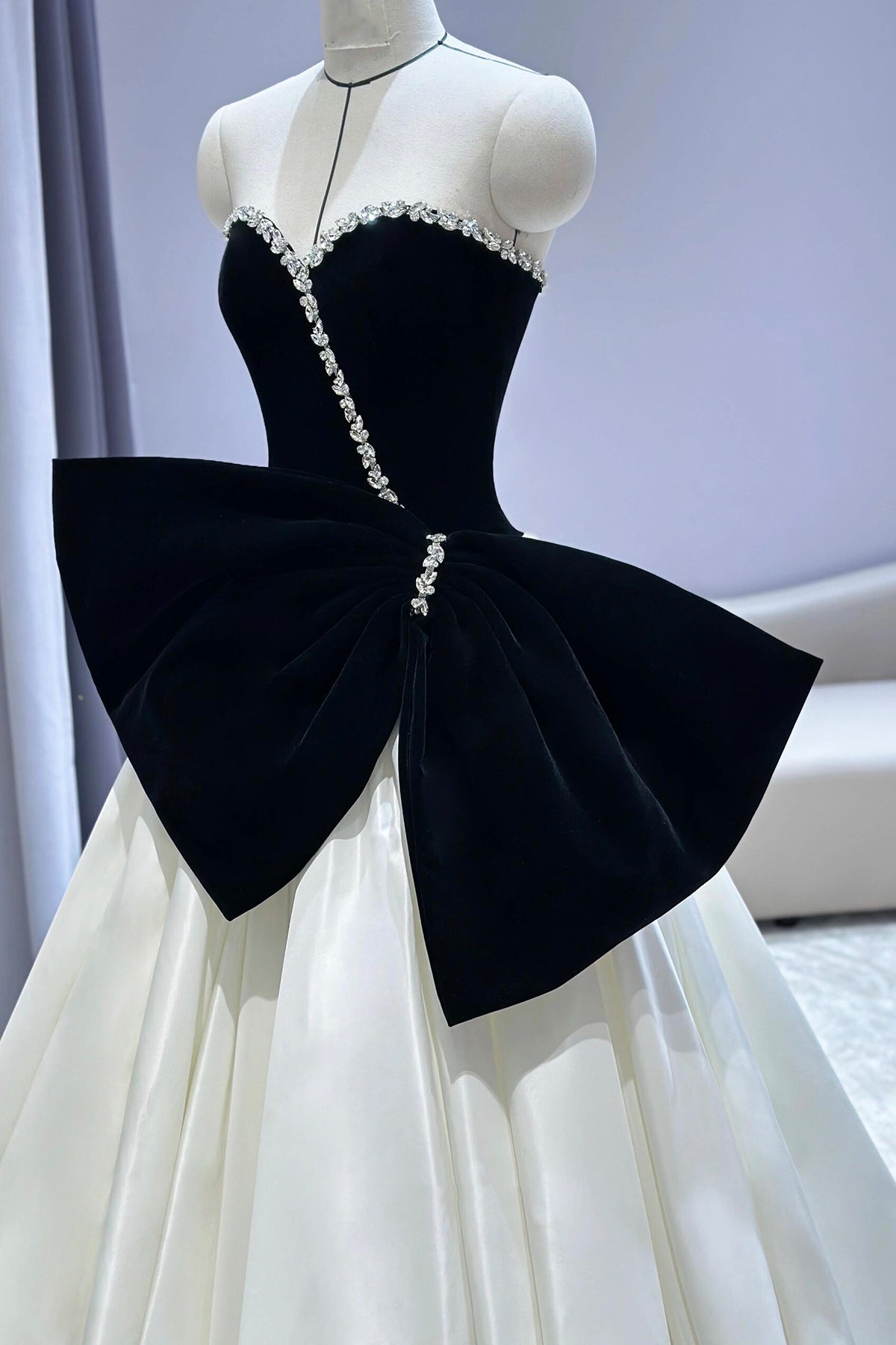 Black Velvet and White Long Prom Dress, A-Line Sweetheart Neck Party Dress